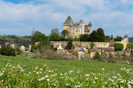 View of Montfort Castle in the region of Vitrac, close to the Dordogne river. Perigord noir, France. 