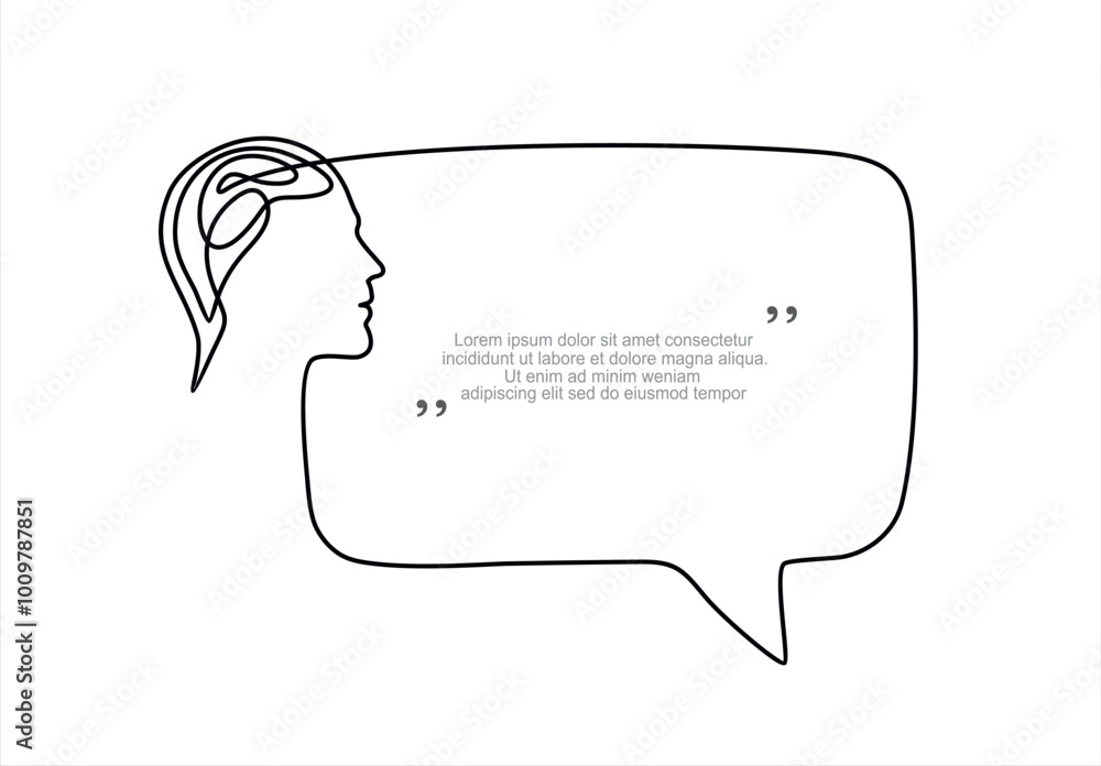 Aufkleber continuous one line drawing of man head with brain and speech bubble. trendy line art vector on a wh