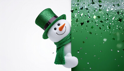 A cute 3D snowman looking sideways .an empty green wall for text space, wearing a red scarf and hat with shiny silver confetti on a white background