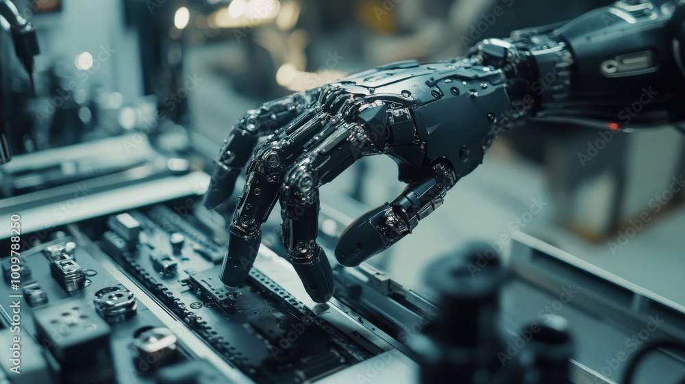 Poster the robotic hand deftly maneuvers a tool on a workbench filled with intricate machinery. bright ligh