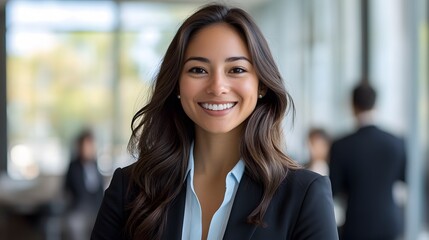 Fototapeta premium Confident woman in a business suit smiling in a bright office environment with blurred colleagues in the background