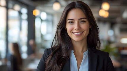 Obraz premium Confident woman in a business suit smiling in a bright office environment with blurred colleagues in the background