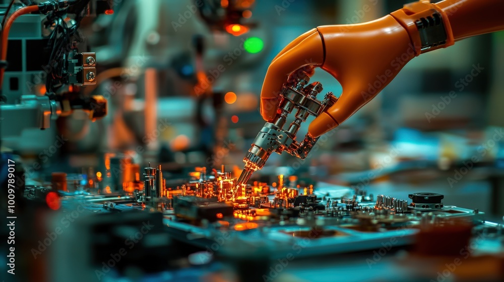 Poster a robotic hand is engaged in delicate work, gripping a precision tool to manipulate components on a 