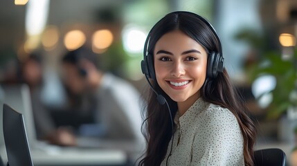 Smiling customer service representative wearing a headset in a modern office setting