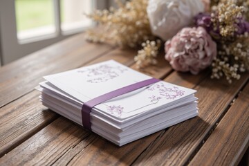 a stack of purple flowers with purple ribbon on top of it.