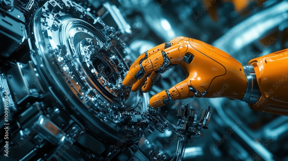 Poster a robotic hand carefully interacts with complex components, showcasing advanced technology and preci