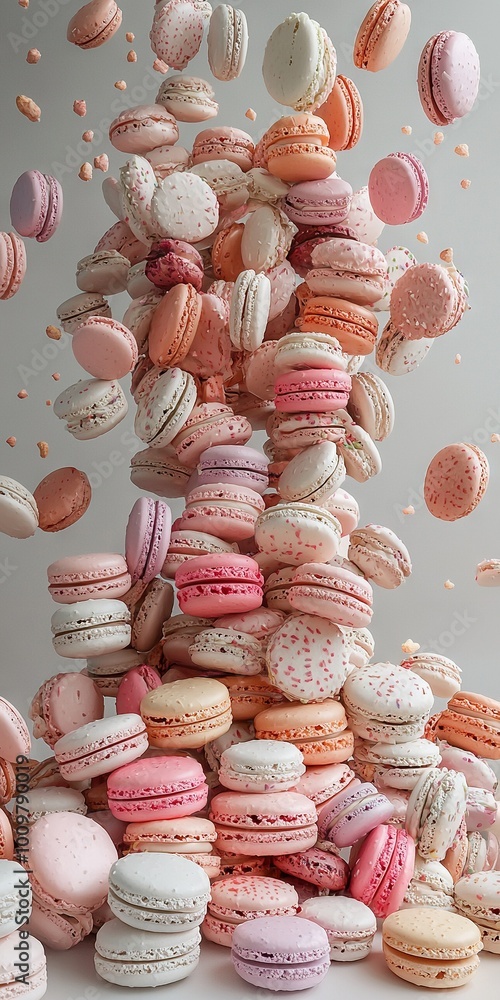 Poster a swarm of pink and white macaroons soaring above a heap of the same color confectionery