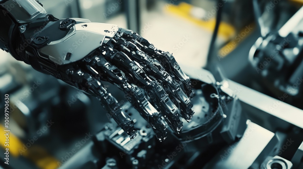 Poster a robotic hand is engaged in the precise assembly of complex parts in a cutting-edge manufacturing e