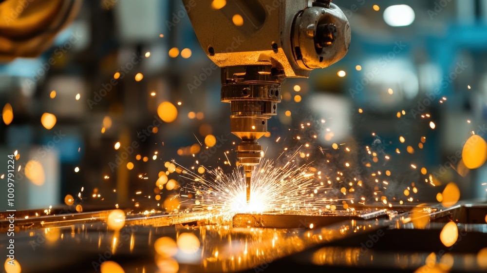 Poster a robotic arm performs precision welding on metal parts, creating sparks that illuminate the industr