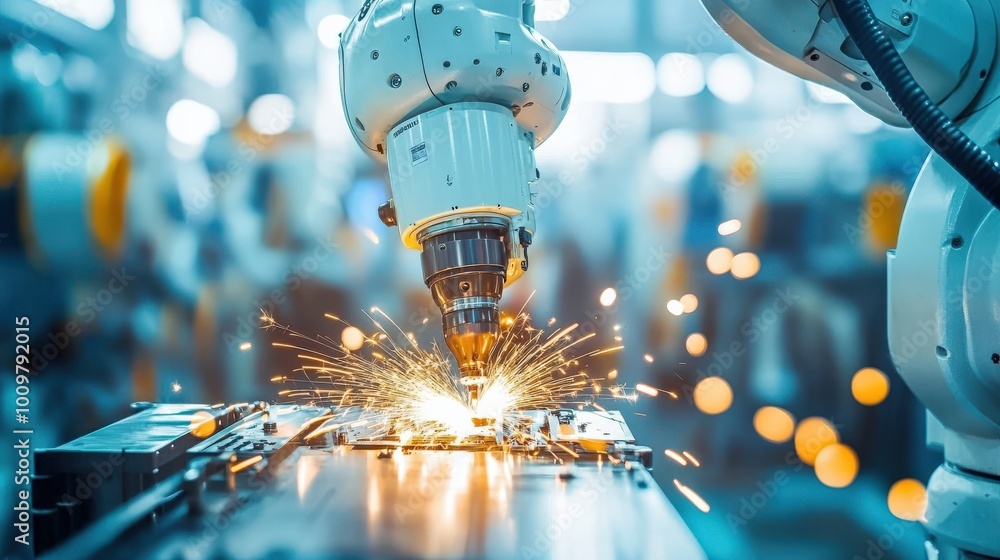 Aufkleber a robotic arm is welding metal components, creating sparks and showcasing automation in a factory se