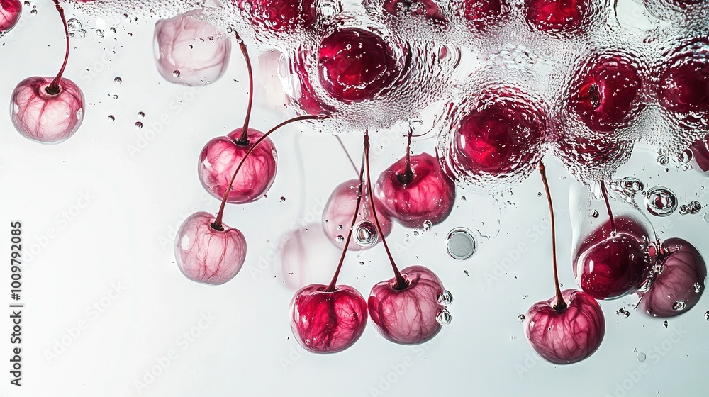 Poster a cluster of cherries resting on a white table beside a mound of ice cubes on a table
