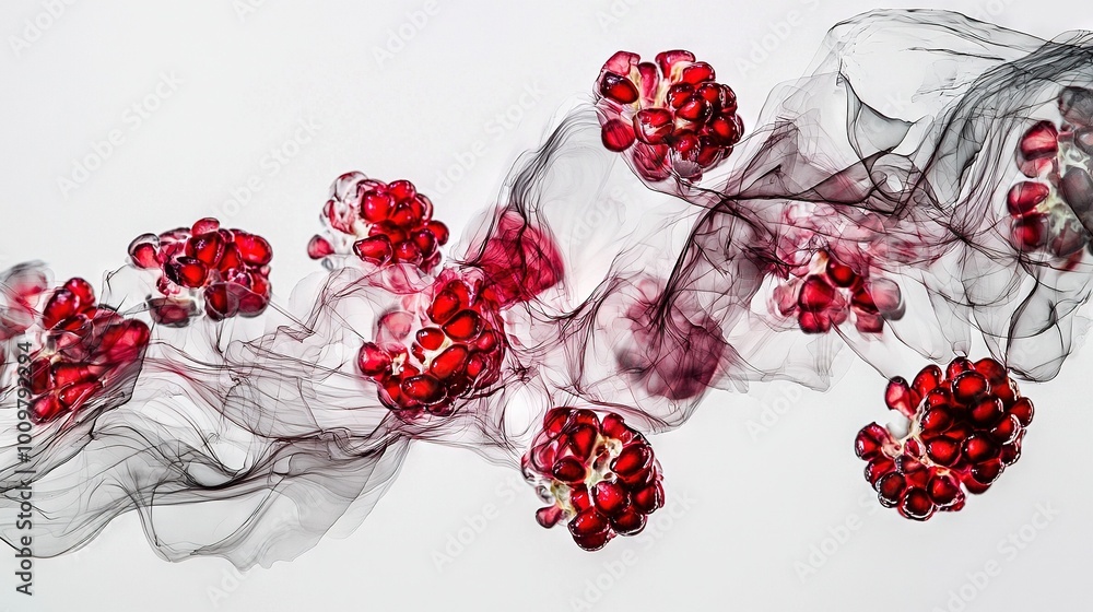 Poster a cluster of pomegranates stacked atop one another on a white background adjacent to each other