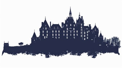 Fototapeta premium Chateau de Bonaguil silhouette against white background with intricate castle details and foliage elements