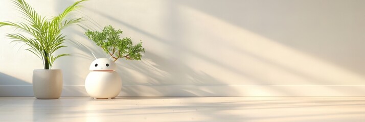 Sleek robot planter in a minimalist home interior, blending nature and technology, ideal for illustrating smart home design or green living innovation.