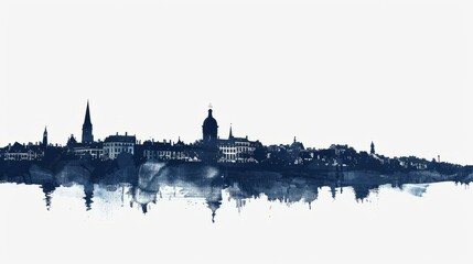 Watercolor skyline of Bordeaux, France with reflection on water