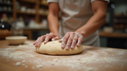 Baker's hands delicately shaping bread dough on floured wooden surface