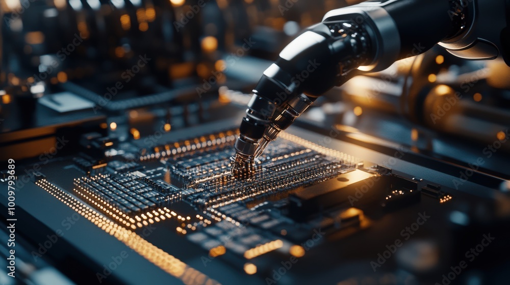 Poster a robotic arm is precisely assembling circuit components on a motherboard in a futuristic lab. the e