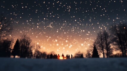 Fototapeta premium A cozy winter scene of people gathered around a bonfire in a snowy park with twinkling fairy lights in the trees and a starry sky above Perfect for seasonal greeting cards event posters and festive ne