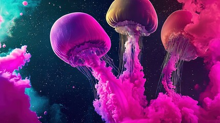 Fototapeta premium A group of jellyfish float in a vibrant liquid-filled ocean with glistening stars overhead