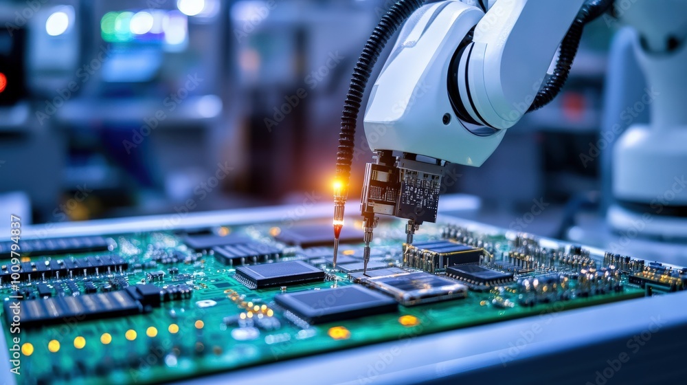 Poster the robotic arm gently manipulates electronic components with precision on a circuit board, showcasi