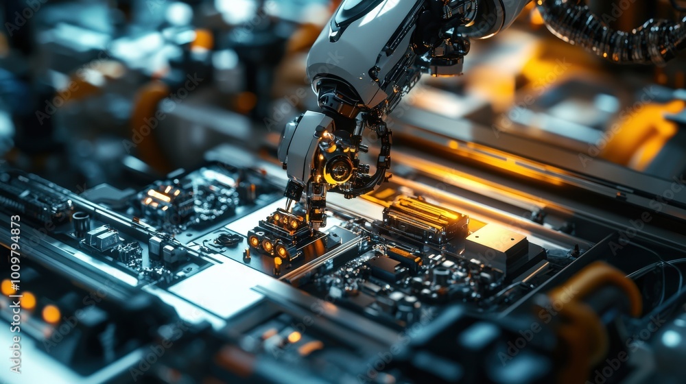 Poster a robotic arm precisely places intricate electronic parts onto a circuit board in a modern assembly 