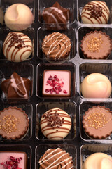 sugar, assortment, box, candy, assorted, chocolate, food, cocoa, sweet, dessert, eat, tasty, different, dark, various