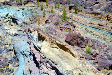 Los Azulejos de Veneguera. Rainbow colored rocks in the Mountains of Gran Canaria Island, Spain.