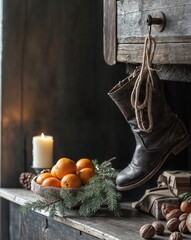 St. Nicholas Day hanging boot, next to a basket of tangerines, fir cones and a candle