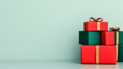 Obraz premium A modern and minimalist illustration of gift boxes wrapped in red and green paper with golden ribbons placed in a neat stack The background is soft pastel blue Ideal for holiday cards gift tags and Ne