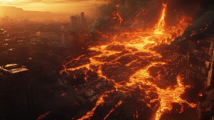 A City Engulfed in a River of Molten Lava