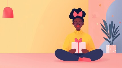 Young black woman at home wrapping gifts for family and friends for Christmas, surrounded by wrapped gift boxes, depicted in a cozy minimalist flat illustration pastel colors