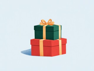 Obraz premium A modern and minimalist illustration of gift boxes wrapped in red and green paper with golden ribbons placed in a neat stack The background is soft pastel blue Ideal for holiday cards gift tags and Ne