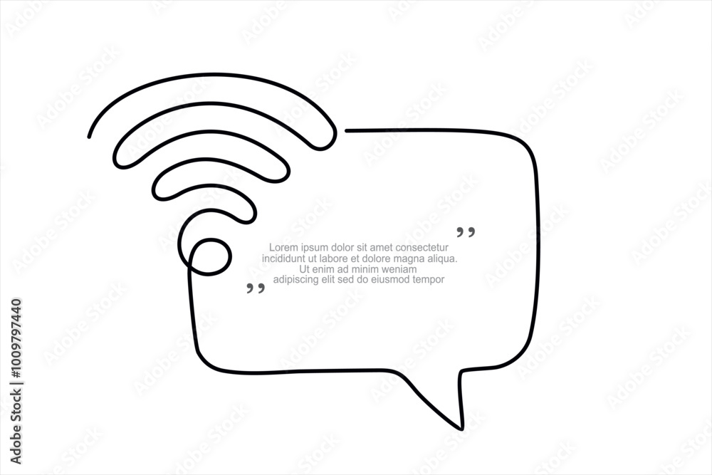 Fototapete continuous one line drawing of wi-fi and speech bubble. trendy line art vector on a white background