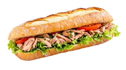 Appetizing baguette with tuna and lettuce isolated on transparent background.