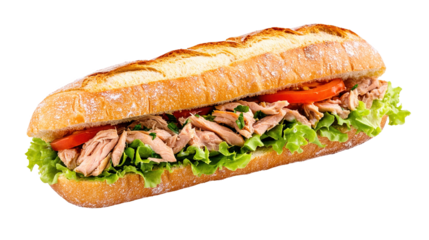 Appetizing baguette with tuna and lettuce isolated on transparent background.