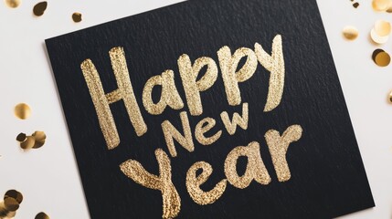 Festive design of golden fireworks bursting in the night sky over a cityscape with Happy New Year written in elegant calligraphy Ideal for New Years Eve invitations party posters and digital greetings