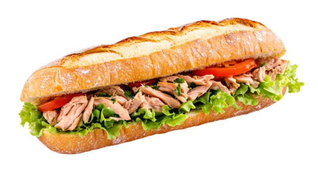 Appetizing baguette with tuna and lettuce isolated on transparent background.
