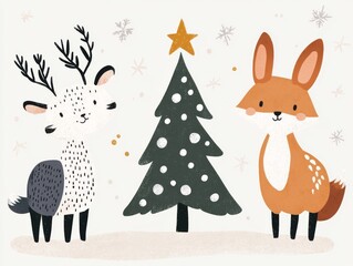 Obraz premium Handdrawn illustration of woodland animals including a deer rabbit and fox gathering around a Christmas tree in a snowy forest Perfect for holiday cards and winterthemed prints with a whimsical and jo