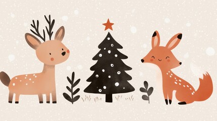 Obraz premium Handdrawn illustration of woodland animals including a deer rabbit and fox gathering around a Christmas tree in a snowy forest Perfect for holiday cards and winterthemed prints with a whimsical and jo
