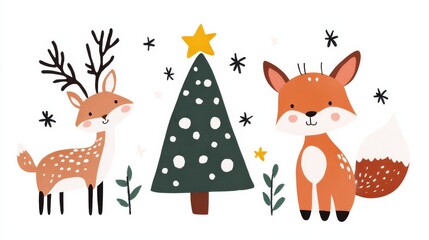 Handdrawn illustration of woodland animals including a deer rabbit and fox gathering around a Christmas tree in a snowy forest Perfect for holiday cards and winterthemed prints with a whimsical and jo