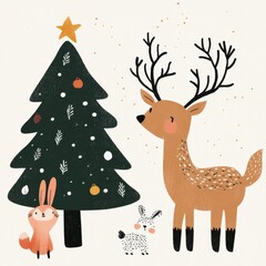 Fototapeta premium Handdrawn illustration of woodland animals including a deer rabbit and fox gathering around a Christmas tree in a snowy forest Perfect for holiday cards and winterthemed prints with a whimsical and jo