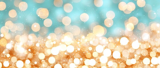 Obraz premium Golden bokeh lights with snow against a teal background, creating a winter festive atmosphere.