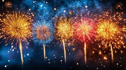 Vibrant fireworks lighting up the night sky with bright colors, creating a dazzling display for a festive New Year celebration.