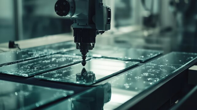 A robotic manipulator delicately engages with glass panels in a precision task, showcasing advanced technology and automation in a manufacturing environment