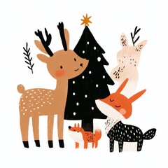 Obraz premium Handdrawn illustration of woodland animals including a deer rabbit and fox gathering around a Christmas tree in a snowy forest Perfect for holiday cards and winterthemed prints with a whimsical and jo