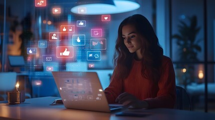 Woman in a modern workspace with floating digital screens and charts, focused on her work on a laptop