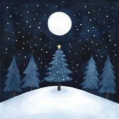 Fototapeta premium Illustration of a snowcovered forest with a glowing Christmas tree in the center surrounded by twinkling stars and a full moon Perfect for holiday cards and festive winter greetings with a magical and