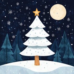 Fototapeta premium Illustration of a snowcovered forest with a glowing Christmas tree in the center surrounded by twinkling stars and a full moon Perfect for holiday cards and festive winter greetings with a magical and