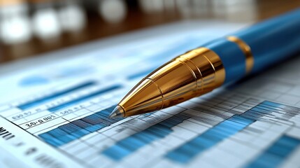 Business report with analytical charts and a close-up of a blue pen on a desk during a working session