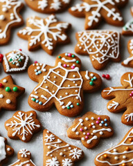 A gingerbread man cookie sits among other decorated Christmas cookies

